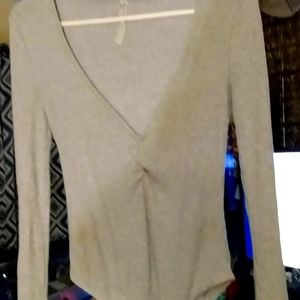 Free People Cream Long Sleeve Low Cut Bodysuit